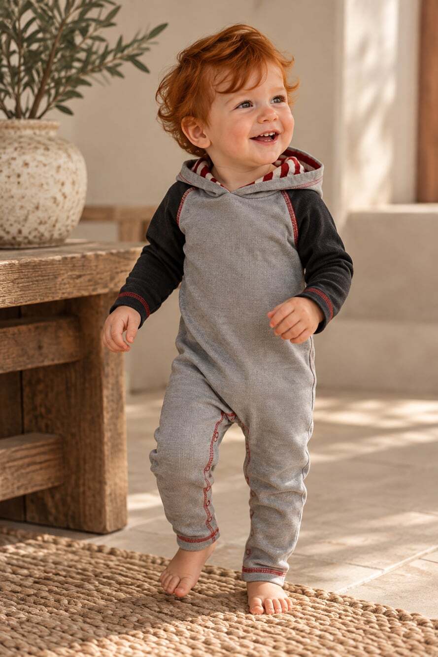Burt's Bees Baby Hooded Romper 12M Gray Black Red Striped Long Sleeve One Piece
